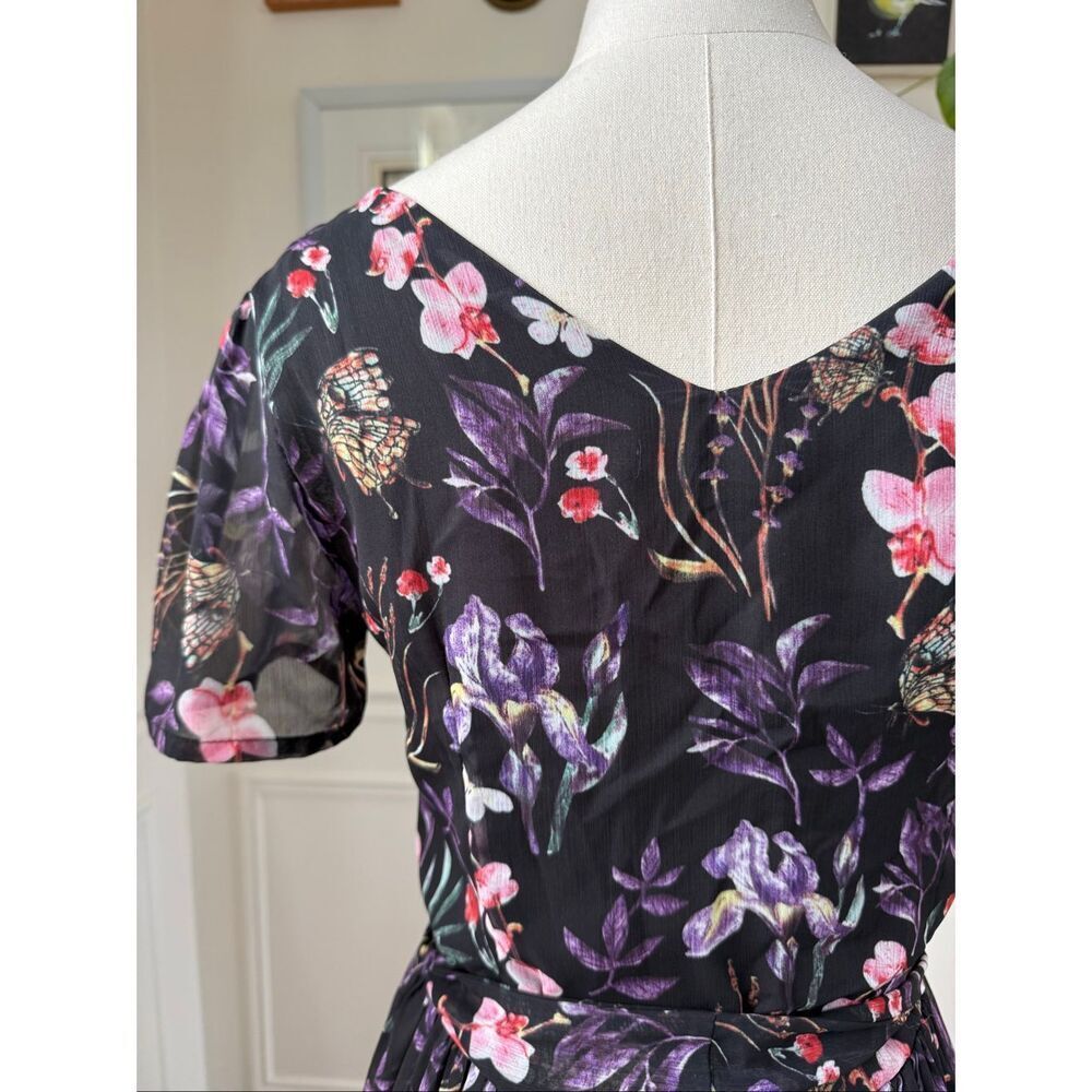 G•W•E Midi Floral Butterfly Chiffon Short Sleeve Dress L - Picture 8 of 9